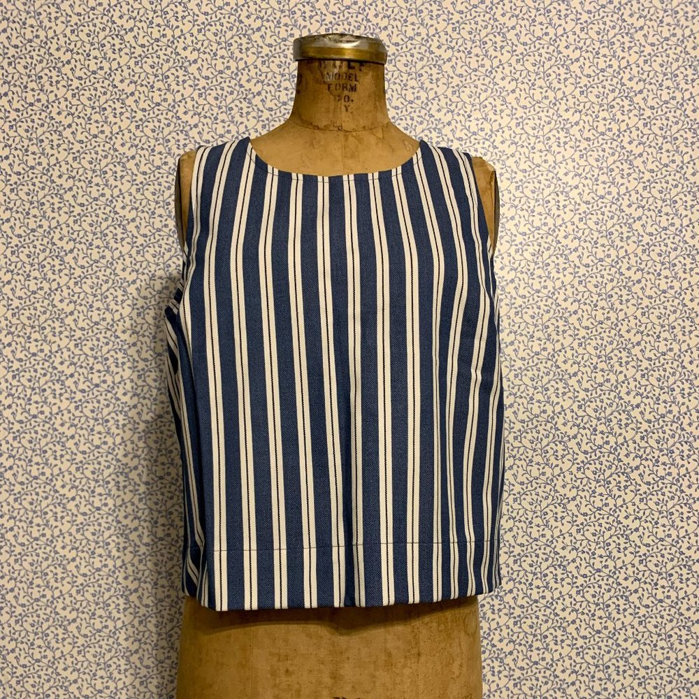 Blue & White Stripe Sleeveless Scoop Neck Blouse